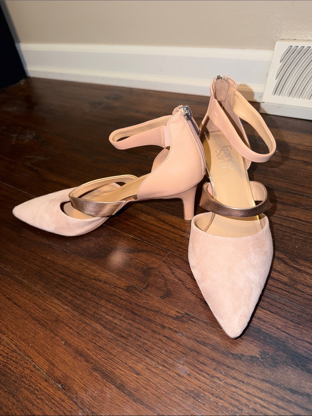 Franco Sarto Pink Pointed-Toe Mid Heels with Metallic Strap